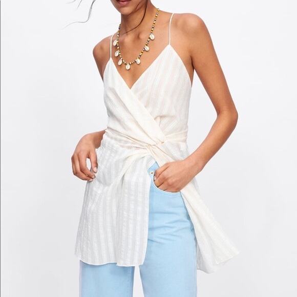 Zara Cream Striped Sleeveless V Neck Knot Cami Sheath Tunic Top Dress Size S - Picture 10 of 10